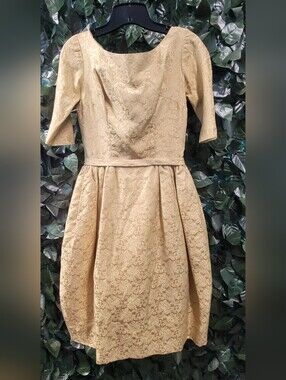 Vintage 50s Gold Brocade Fit & Flare Dress Hand Made